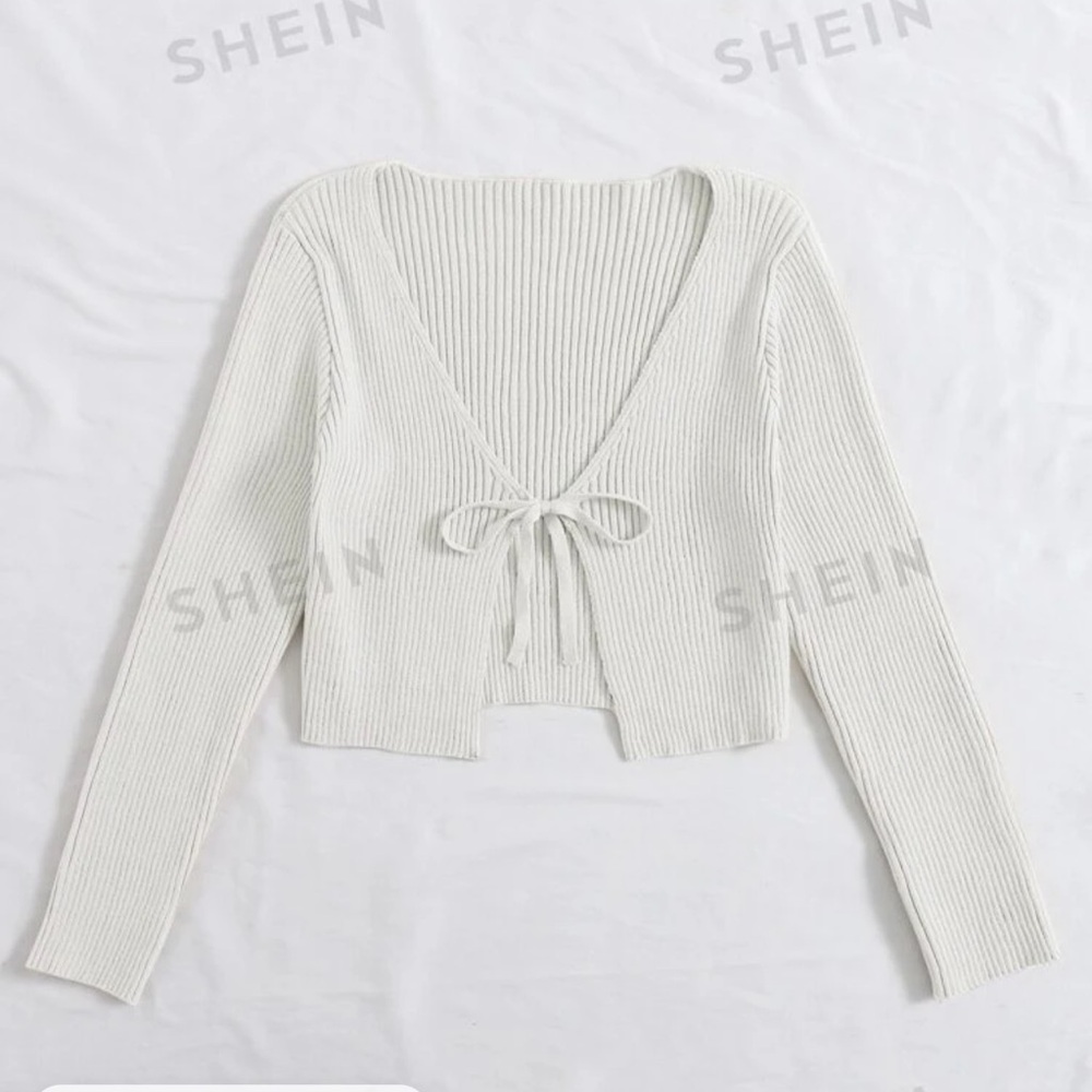 SHEIN Never Worn Tie Front Rib-knit Cardigan - Cream/White